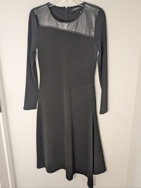 DKNY Black Faux Leather Accent Long Sleeve A-Line Midi Dress Size XS New